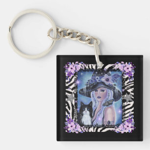 Halloween Witch with tuxedo cat By Renee L Key Ring
