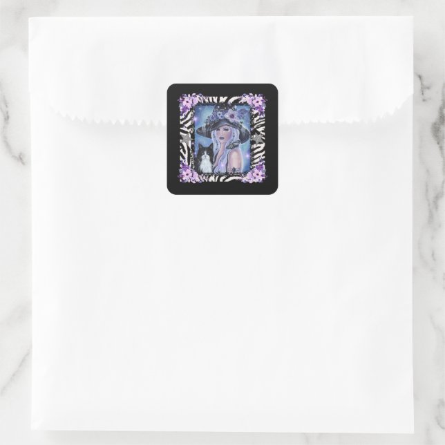  Halloween Witch with tuxedo cat By Renee L Square Sticker (Bag)