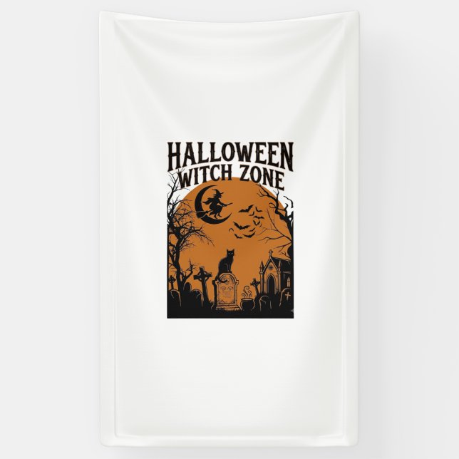 Halloween Witch Zone Black Cat Graveyard Bats Moon Banner (Vertical)