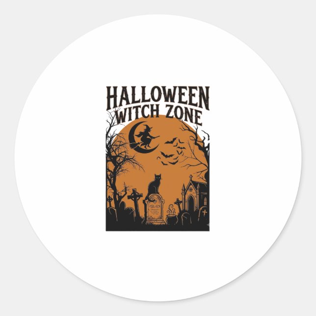 Halloween Witch Zone Black Cat Graveyard Bats Moon Classic Round Sticker (Front)