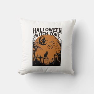 Halloween Witch Zone Black Cat Graveyard Bats Moon Cushion