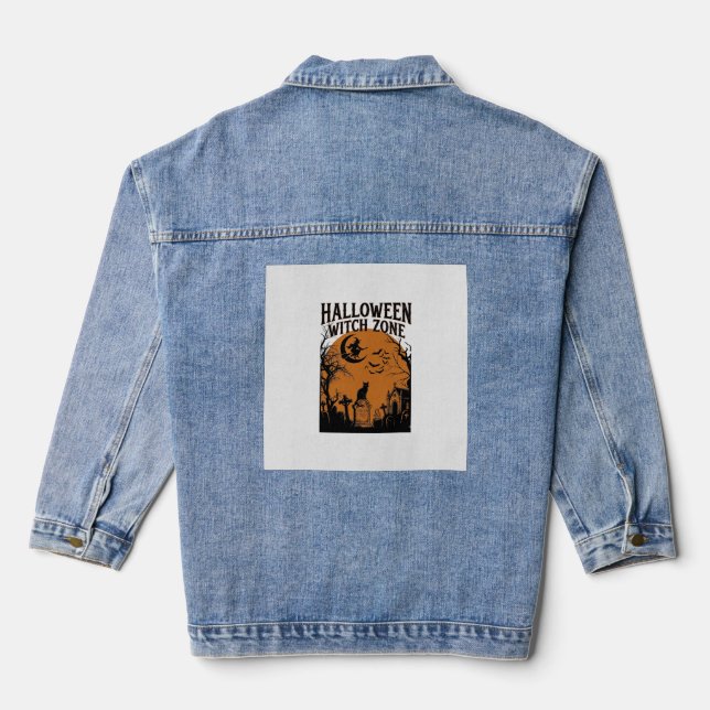 Halloween Witch Zone Black Cat Graveyard Bats Moon Denim Jacket (Back)