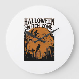 Halloween Witch Zone Black Cat Graveyard Bats Moon Large Clock