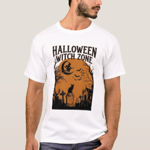 Halloween Witch Zone Black Cat Graveyard Bats Moon T-Shirt