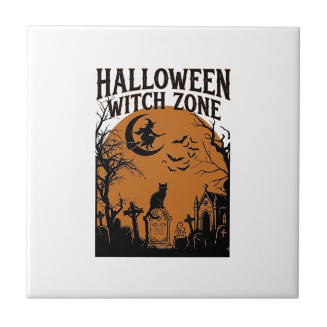 Halloween Witch Zone Black Cat Graveyard Bats Moon Tile (Front)