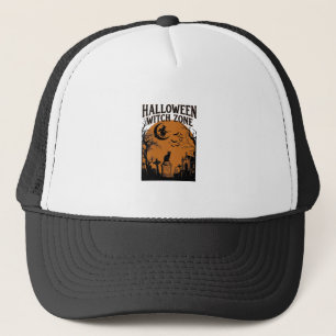 Halloween Witch Zone Black Cat Graveyard Bats Moon Trucker Hat