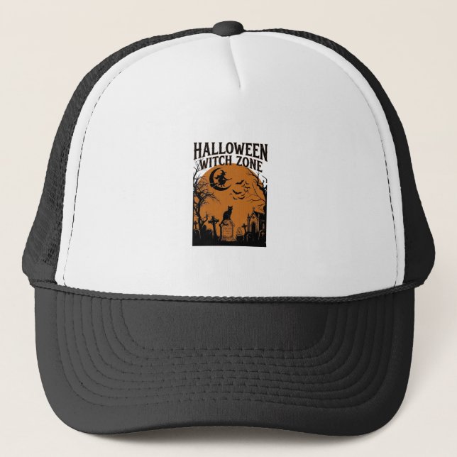 Halloween Witch Zone Black Cat Graveyard Bats Moon Trucker Hat (Front)