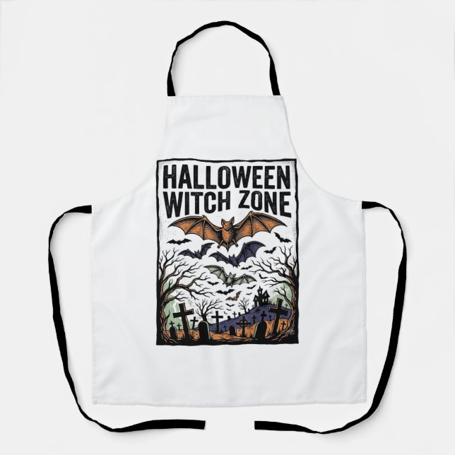 Halloween Witch Zone Vintage Graveyard Bats Design Apron (Front)