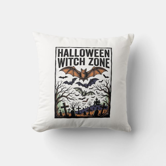 Halloween Witch Zone Vintage Graveyard Bats Design Cushion (Front)