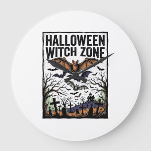 Halloween Witch Zone Vintage Graveyard Bats Design Large Clock