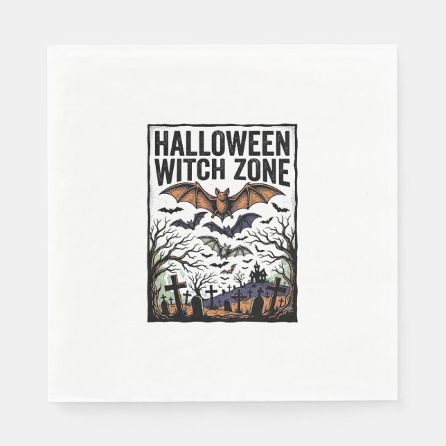 Halloween Witch Zone Vintage Graveyard Bats Design Napkin (Front)