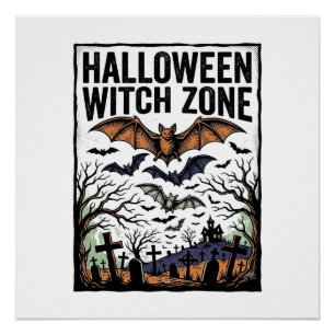 Halloween Witch Zone Vintage Graveyard Bats Design Poster