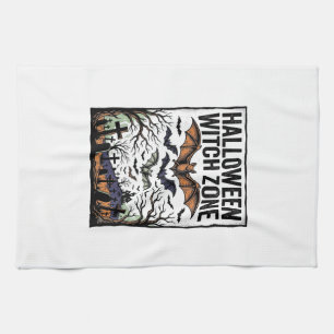 Halloween Witch Zone Vintage Graveyard Bats Design Tea Towel