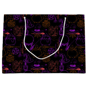 Halloween Witchcraft Pattern Neon 01 Black BG Large Gift Bag