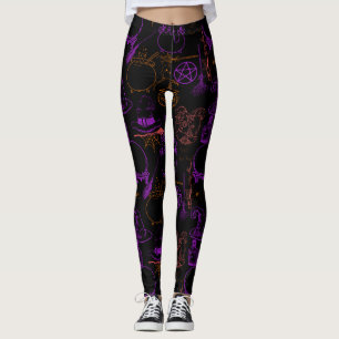 Halloween Witchcraft Pattern Neon 01 Black BG Leggings