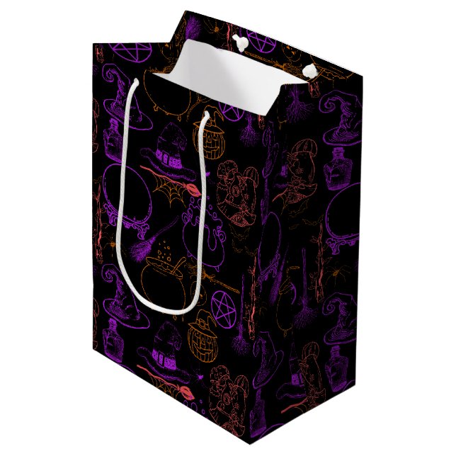 Halloween Witchcraft Pattern Neon 01 Black BG Medium Gift Bag (Front Angled)