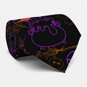 Halloween Witchcraft Pattern Neon 01 Black BG Tie