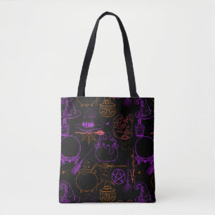 Halloween Witchcraft Pattern Neon 01 Black BG Tote Bag