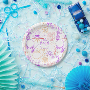 Halloween Witchcraft Pattern Neon 01 Paper Plate