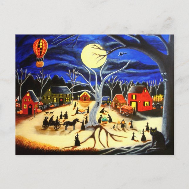 Halloween,witches,black,cat,hot,air balloon postcard (Front)