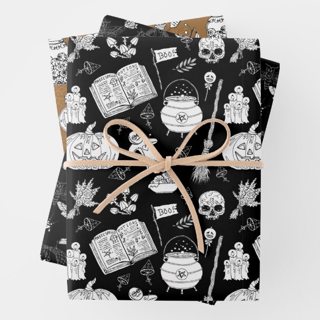Halloween Witches Brew, Potion, Cats, Pumpkin Bats Wrapping Paper Sheet (In situ)