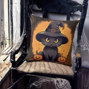 Halloween Witches Cat with Jack o Lanterns Cushion