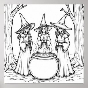 Halloween witches colouring page poster