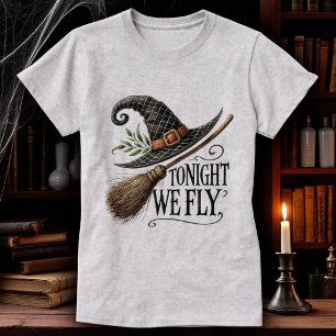 Halloween Witches Hat Broomstick Grey T-Shirt