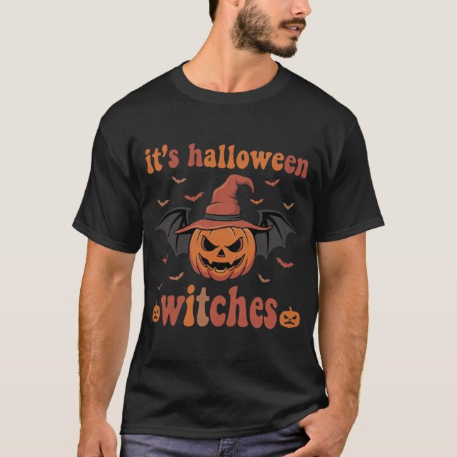 Halloween Witches Pumpkin Bat Vector T-Shirt (Front)