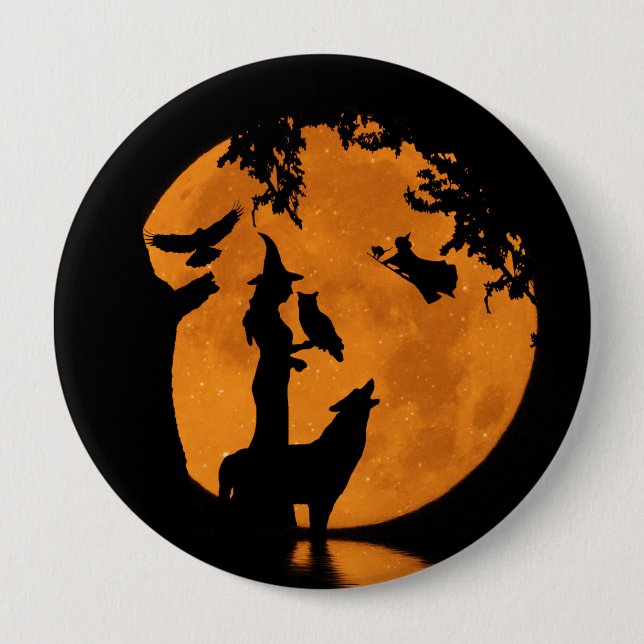 Halloween Witches, Wolf Raven and Owl 10 Cm Round Badge (Front)