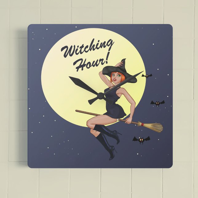 Halloween Witching Hour Retro Witch Wall Clock (It's witching hour! A cheeky witch is flying on a broomstick)