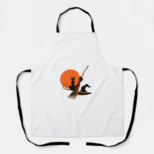 Halloween Witch's Cat Hat Broom Women Adult Girls Apron