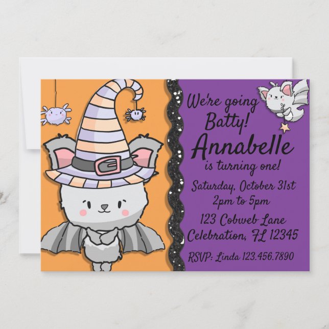 Halloween Witchy Bat with Spiders Birthday Invitation (Front)