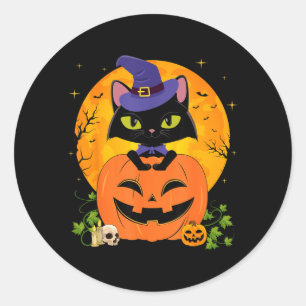 Halloween Witchy Black Cat And Pumpkin Girls Women Classic Round Sticker