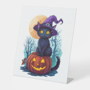 Halloween Witchy Cat on a Pumpkin Pedestal Sign