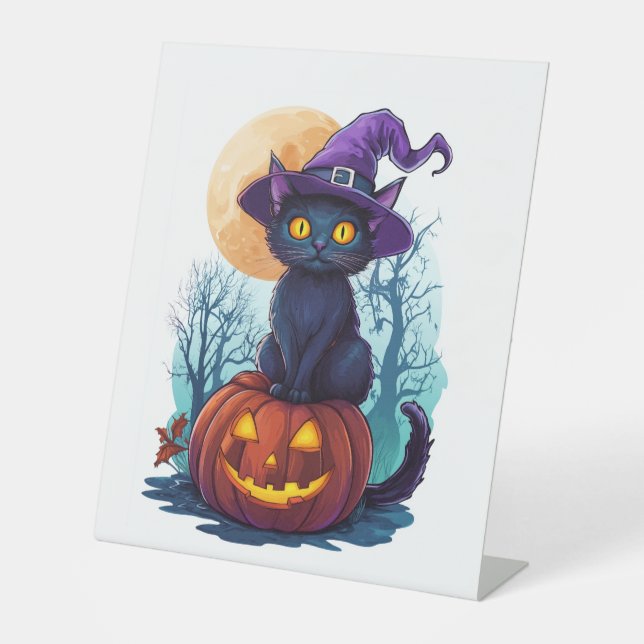 Halloween Witchy Cat on a Pumpkin Pedestal Sign (Front)
