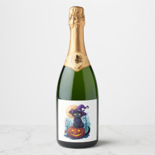 Halloween Witchy Cat on a Pumpkin Sparkling Wine Label
