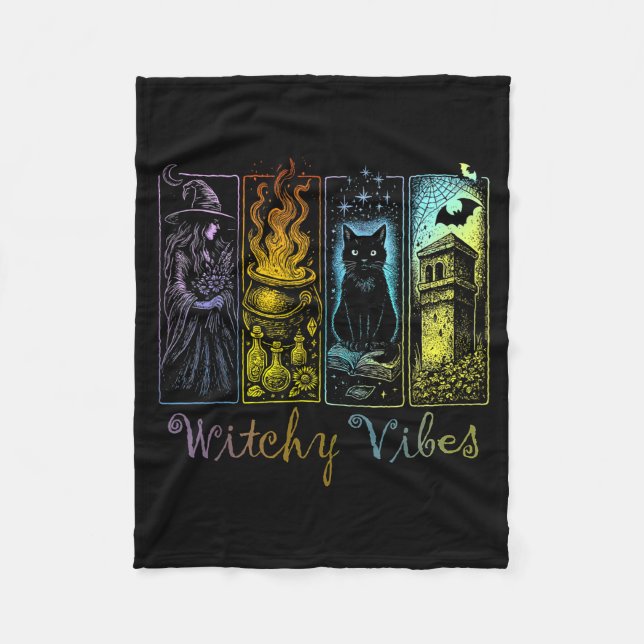 Halloween Witchy Vibes Witch Black Cat Cauldron Fleece Blanket (Front)