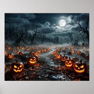 Halloween with Creepy Trees and Jack O Lanterns Poster