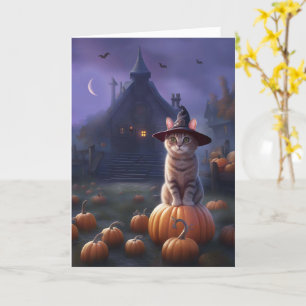 Halloween with Cute Cat and Pumpkins Scary Mansion Card