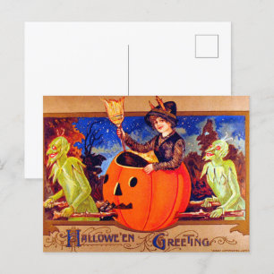 Halloween with goblins vintage holiday postcard