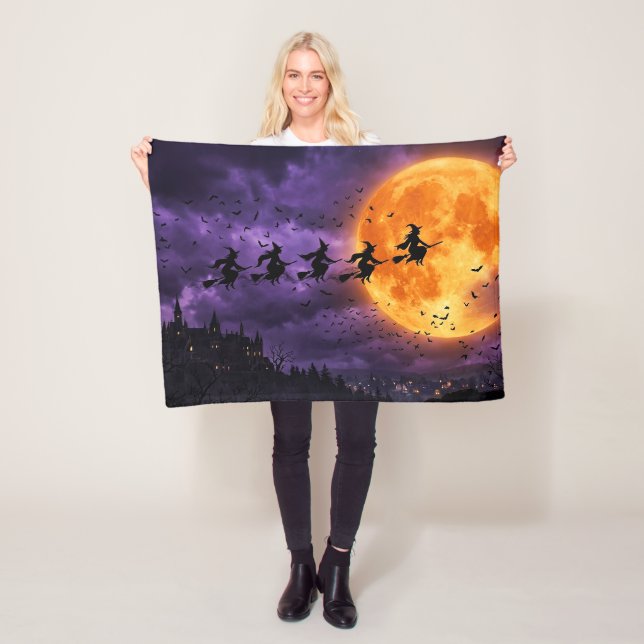 Halloween with Moon and Witch Fleece Blanket (In Situ)