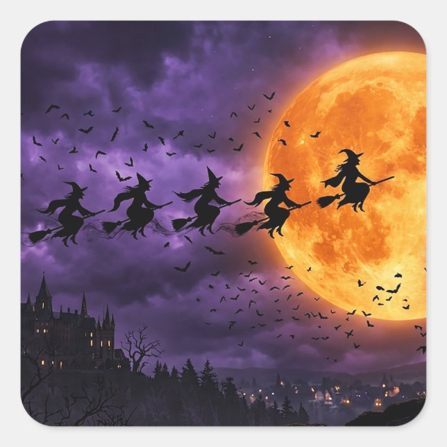 Halloween with Moon and Witch Square Sticker (Front)
