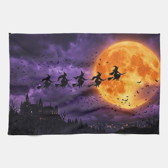 Halloween with Moon and Witch Tea Towel (Horizontal)