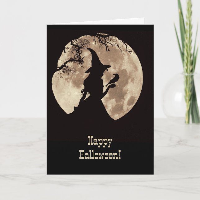 Halloween with Pretty Witch and Raven Silhouetted  Card (Front)