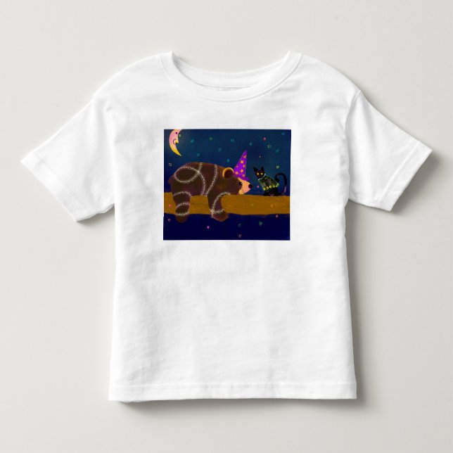 Halloween Wizard Bear and Black Cat T-Shirt (Front)