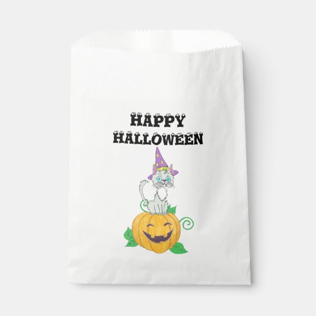 Halloween Wizard Cat on Pumpkin Favour Bags (Front)