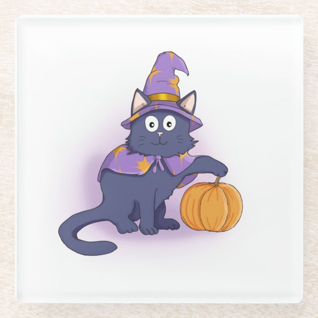 Halloween Wizard Cat with Pumpkin Glass Coaster (Front)