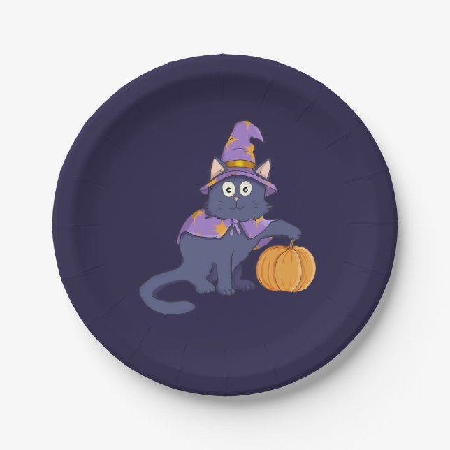 Halloween Wizard Cat with Pumpkin Paper Plate (Front)