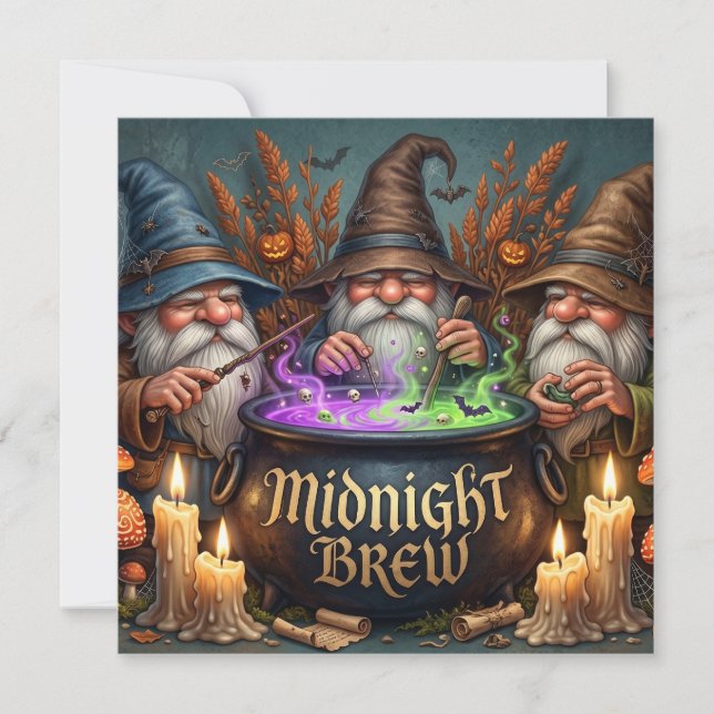 Halloween Wizard Gnomes Midnight Brew Cauldron Holiday Card (Front)